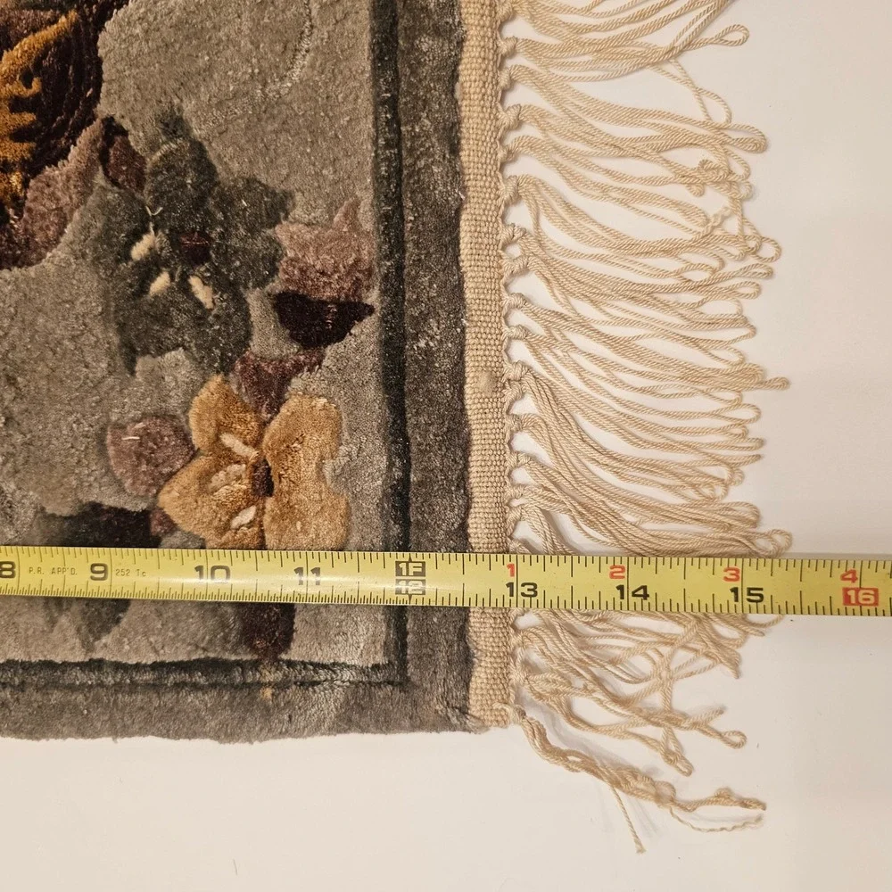 Vintage Oriental Tufted Silk Bird Rug Wall Hanging Carved Pile Fringed 12
